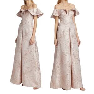 Teri Jon Pink Jacquard Gown Off the Shoulder Ruffle Long Dress Metallic Sz 2‎